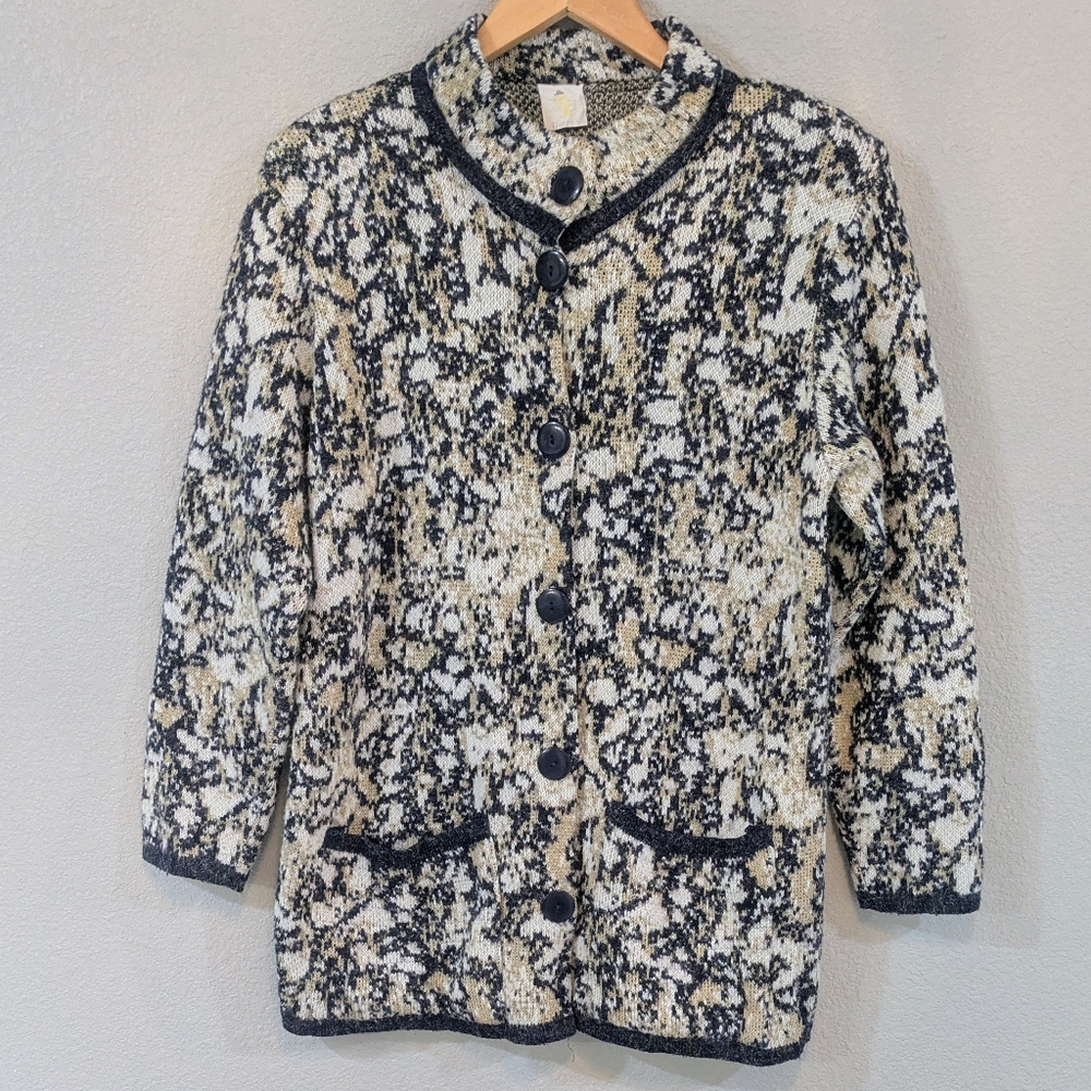 Vintage 1980s Henry's Women's Black & Cream Button-Up Teddy Jacket | Granny Core